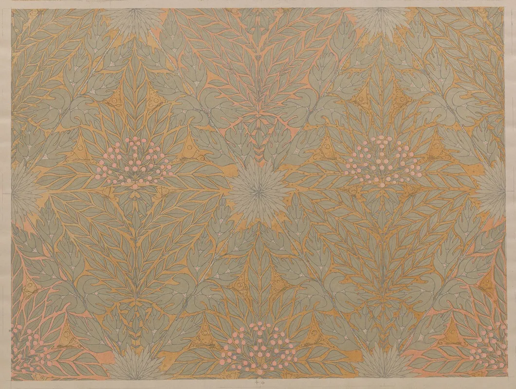 Geometric Pattern Of Stylized Gray Green Foliage Among Pink Berries Chrysanthemums And Butterflies