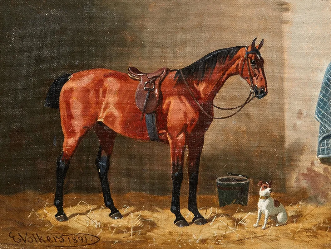 Gesattelter Brauner Im Stall Mit Einem Hund by Emil Volkers - Canvas Print