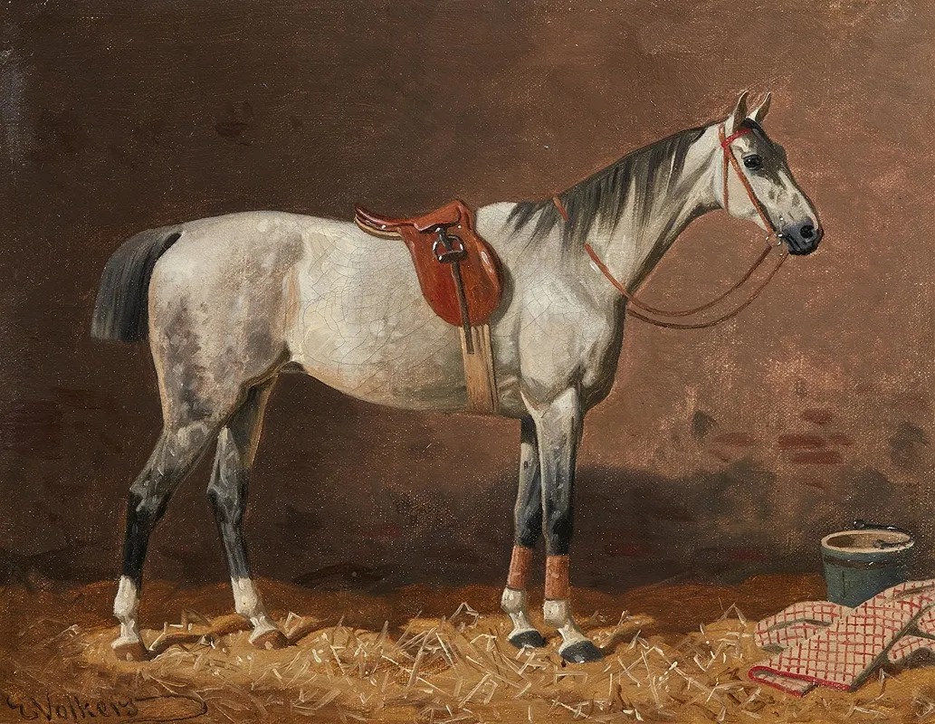 Gesattelter Schimmel Im Stall 2 by Emil Volkers - Canvas Print