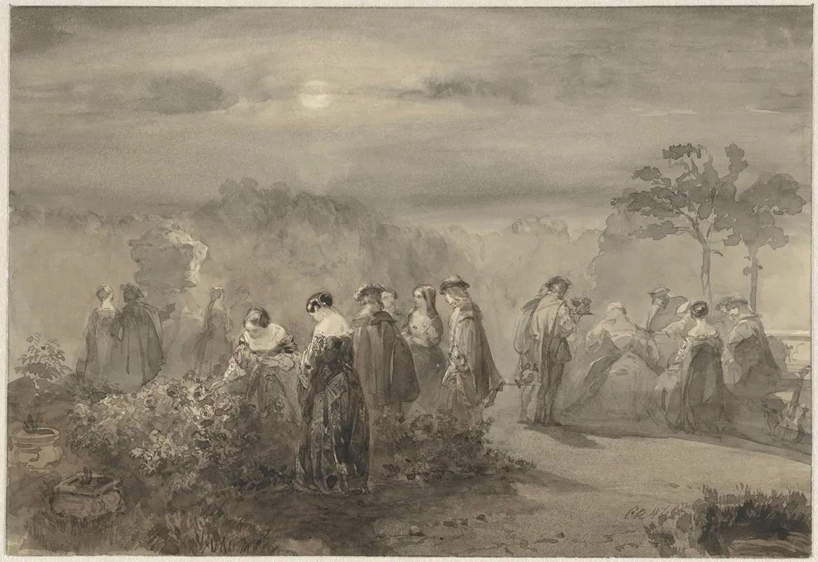 Gezelschap Van Dames En Heren In Een Door De Maan Beschenen Hof Met Rozenstruiken by Charles Rochussen - Canvas Print