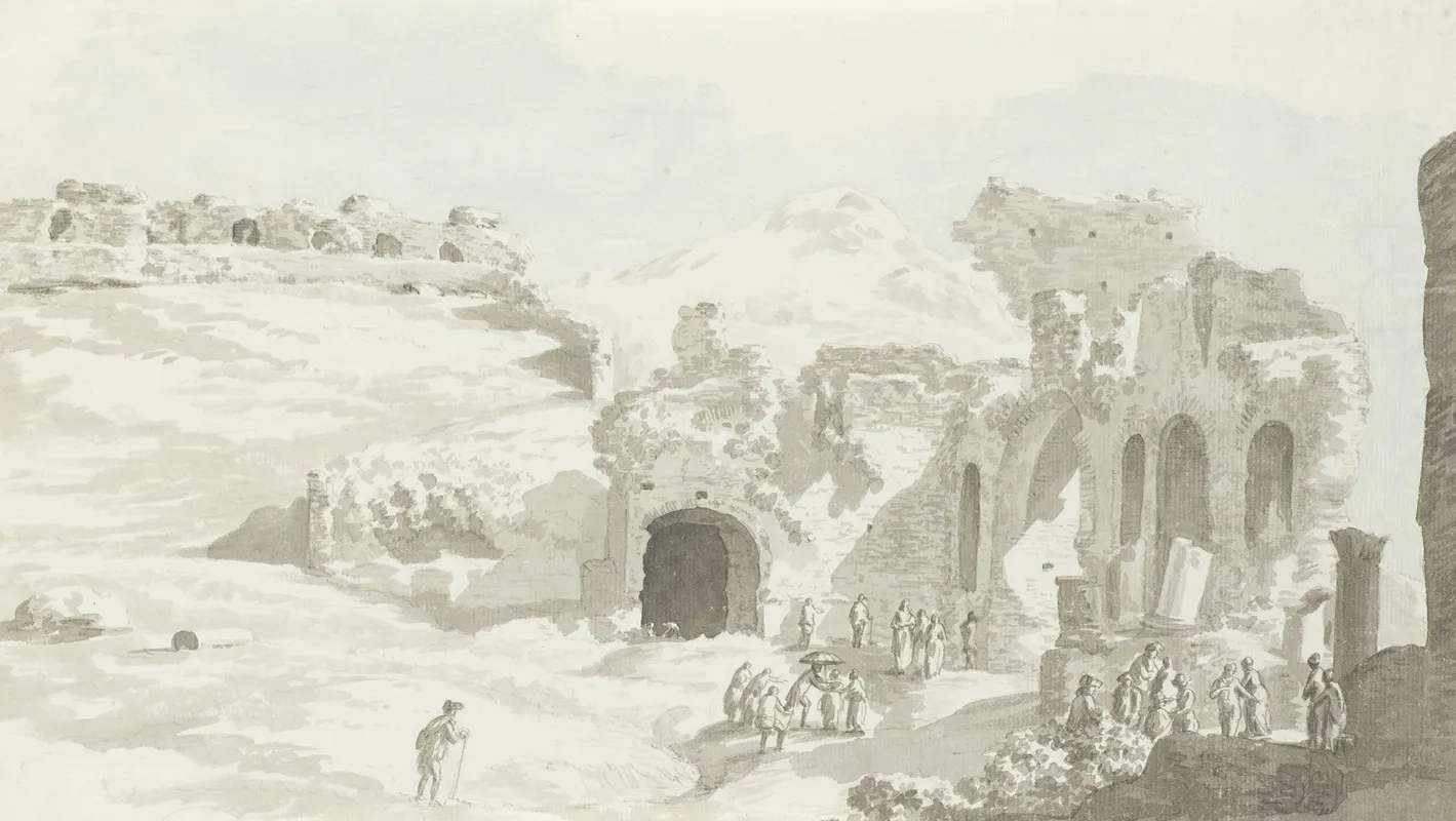 Gezicht Op Een Gedeelte Van Het Toneel En De Muur Daarachter Van Het Theater Van Taormine