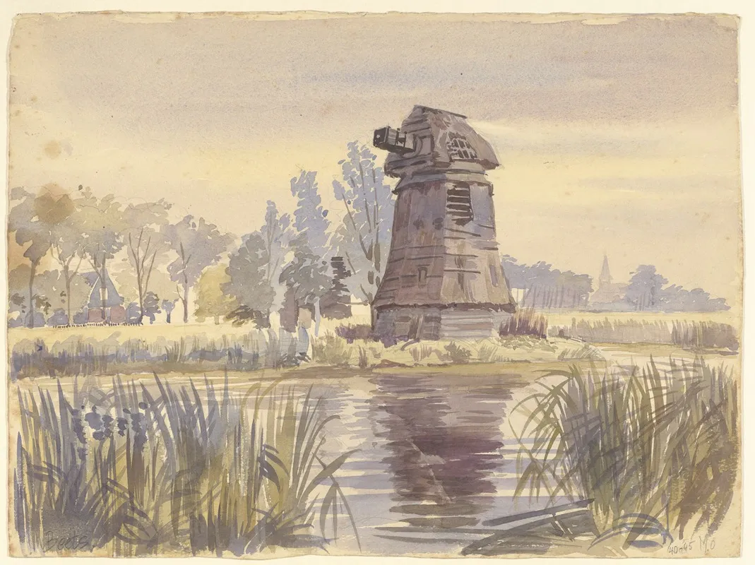 Gezicht Op Een Ontakelde Oude Molen Met Op De Achtergrond De Kerktoren Van Beets
