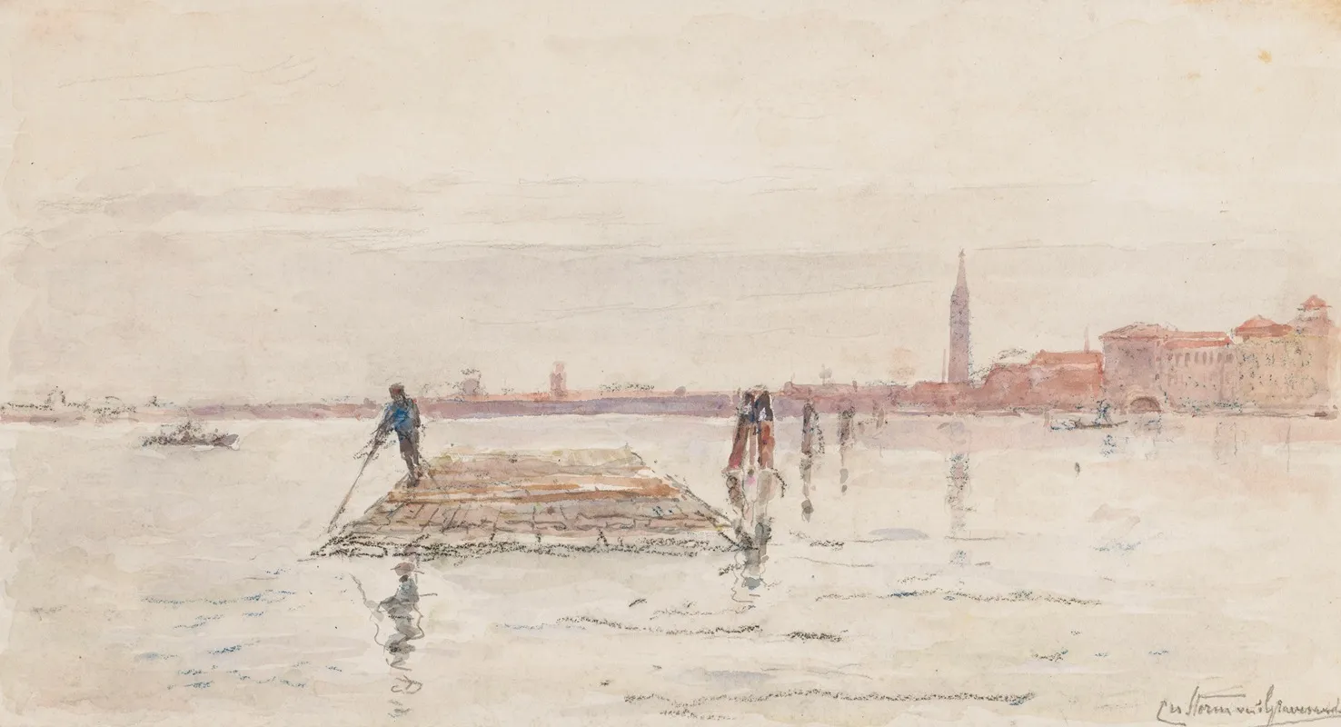 Gezicht Op Venetie Vanaf Het Water Met Op De Voorgrond In Het Water Een Houten Vlot by Carel Nicolaas Storm van 's-Gravesande - Canvas Print