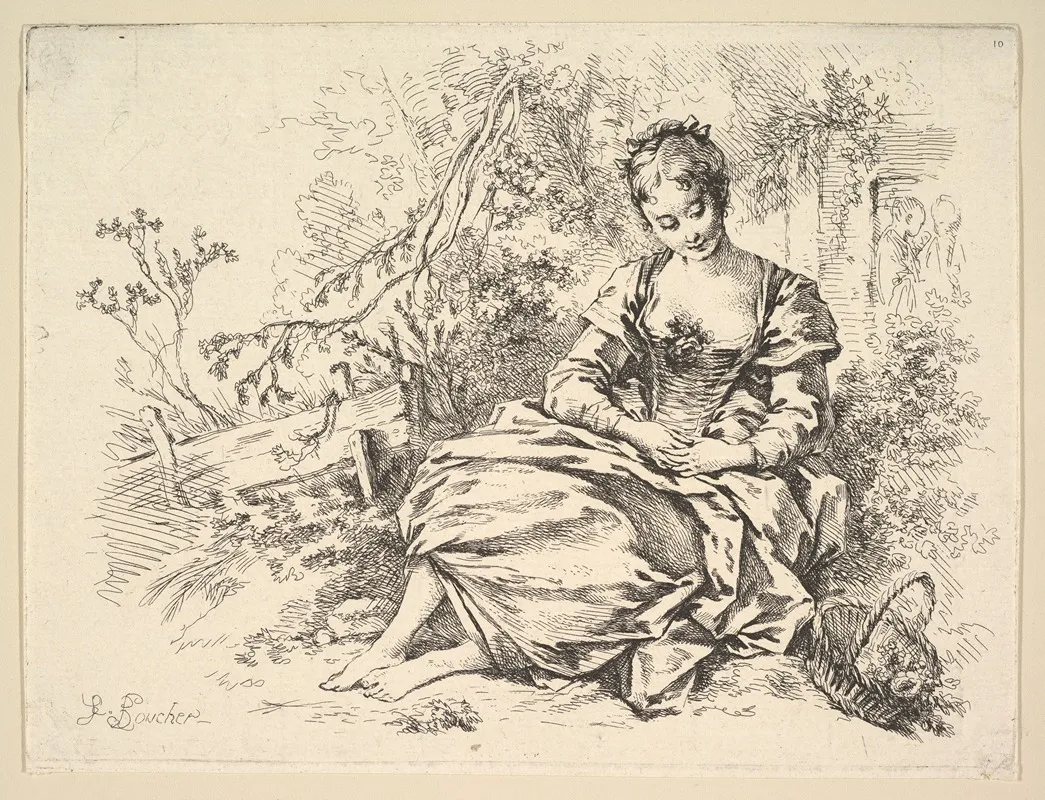 Girl In A Landscape With A Basket Of Flowers