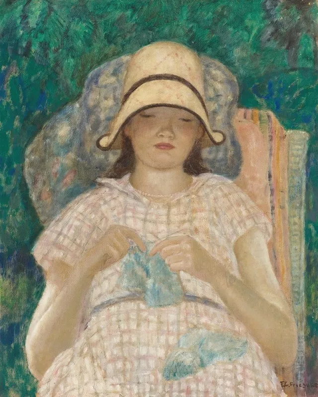 Girl Knitting 2 by Frederick Carl Frieseke - Canvas Print