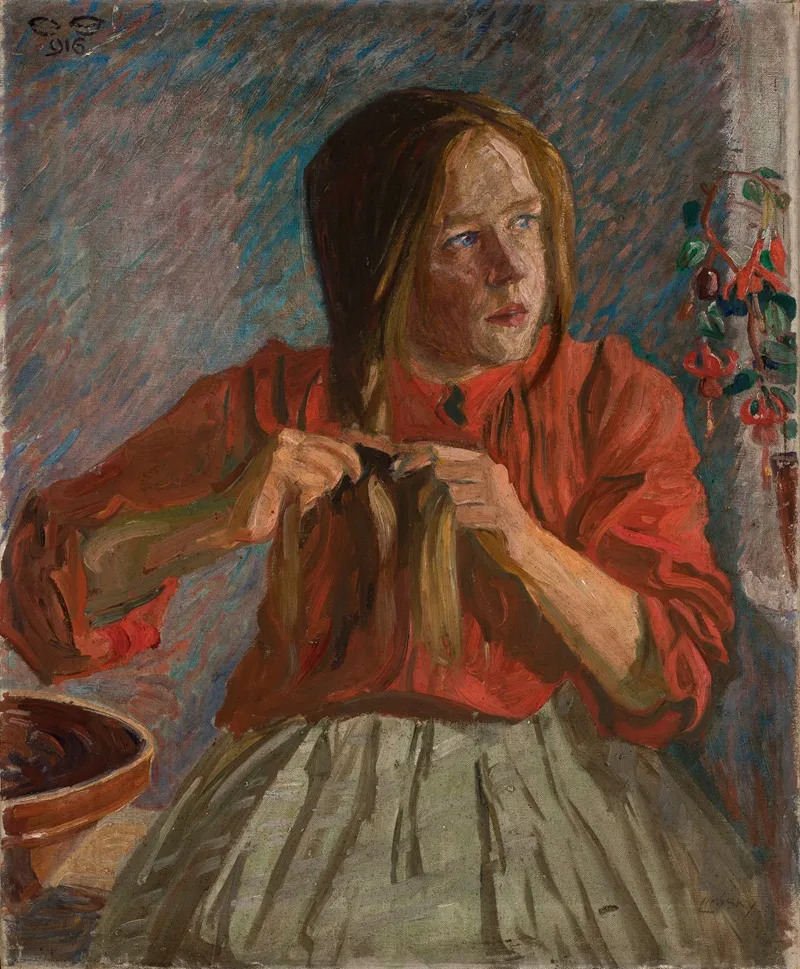 Girl Making A Braid by Ludwik Misky - Canvas Print