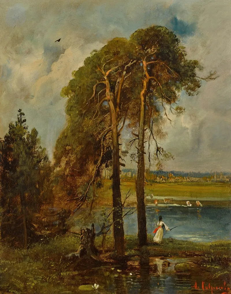 Girl Tending Cows By A Pond