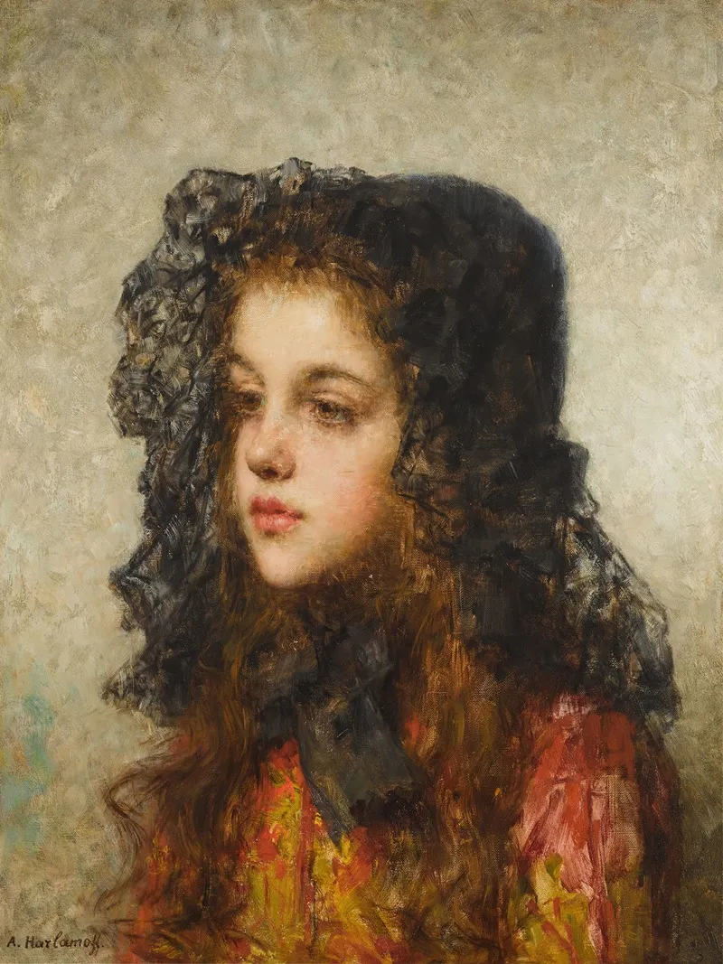 Girl With A Black Bonnet by Alexei Alexeevich Harlamoff - Canvas Print