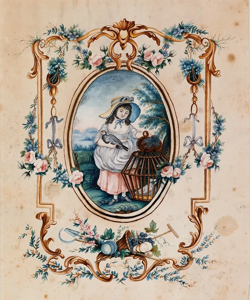 Girl With Birds In Wicker Cage by Jean-Baptiste Huet - Canvas Print