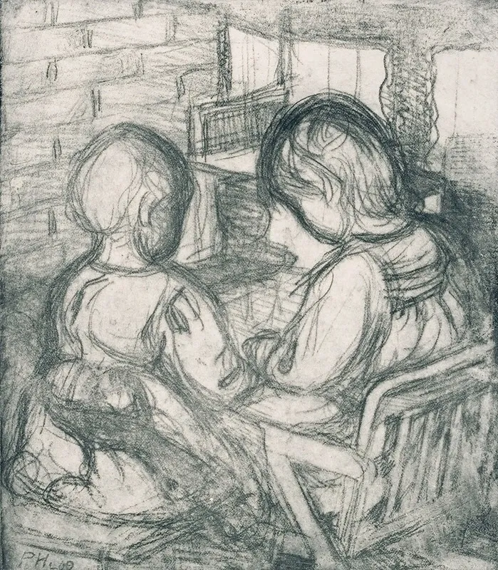 Girls By The Fireplace by Pekka Halonen - Canvas Print