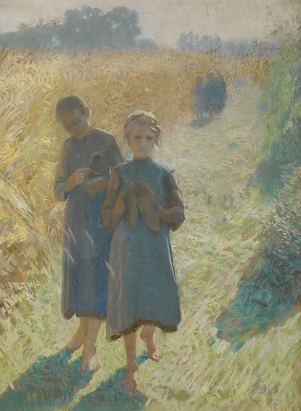 Girls In The Field by Emile Claus - Canvas Print