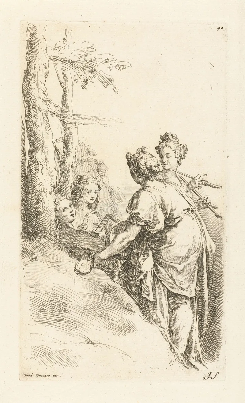 Girls Playing Music In A Landscape by Jan de Bisschop - Canvas Print