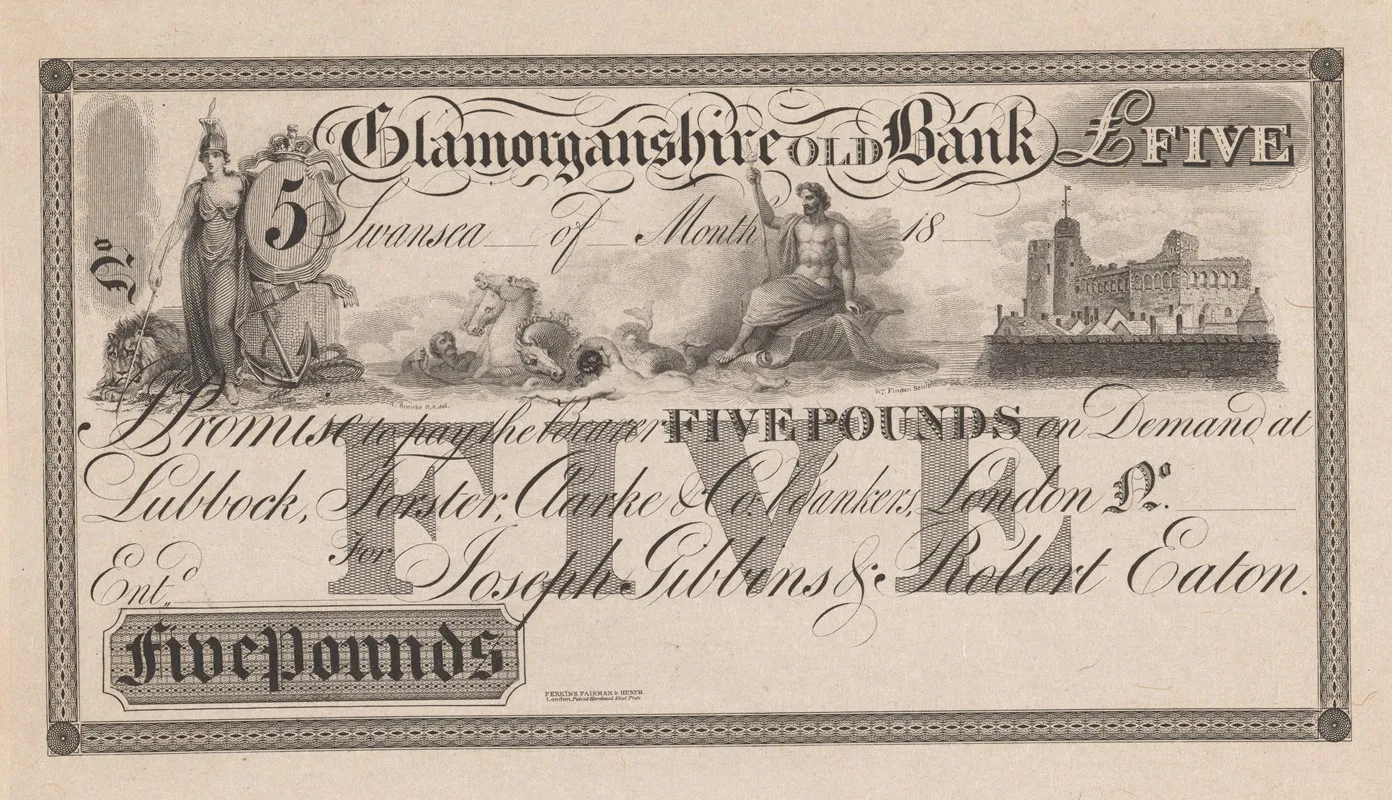 Glamorganshire Old Bank Five Pound Note by Perkins &amp; Heath - Canvas Print