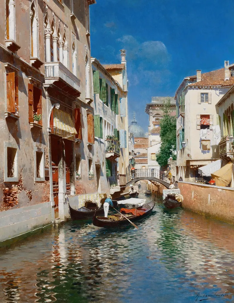 Gondolas In Venice by Rubens Santoro - Canvas Print
