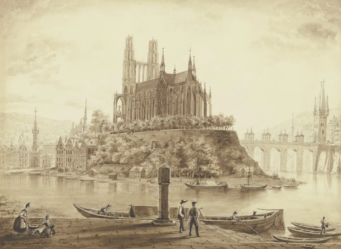 Gotischer Dom Von Einem Flus Umgeben In Einer Stadt by Ludwig Daniel Philipp Schmidt - Canvas Print