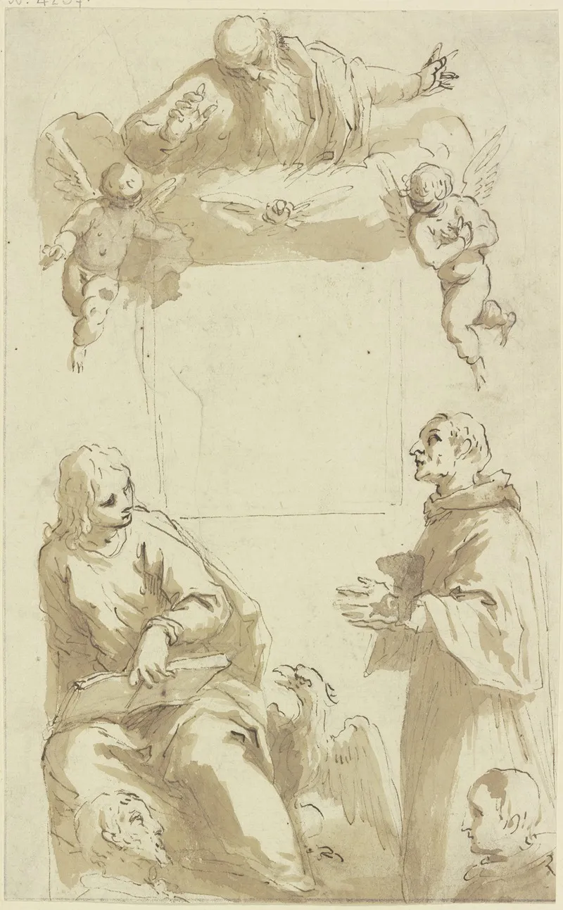 Gottvater Mit Taube Und Engeln Uber Leerem Quadratischem Feld Darunter Johannes Der Evangelist Und Ein Anderer Anbetender Heiliger Sowie Die Kopfe Von Zwei Stiftern