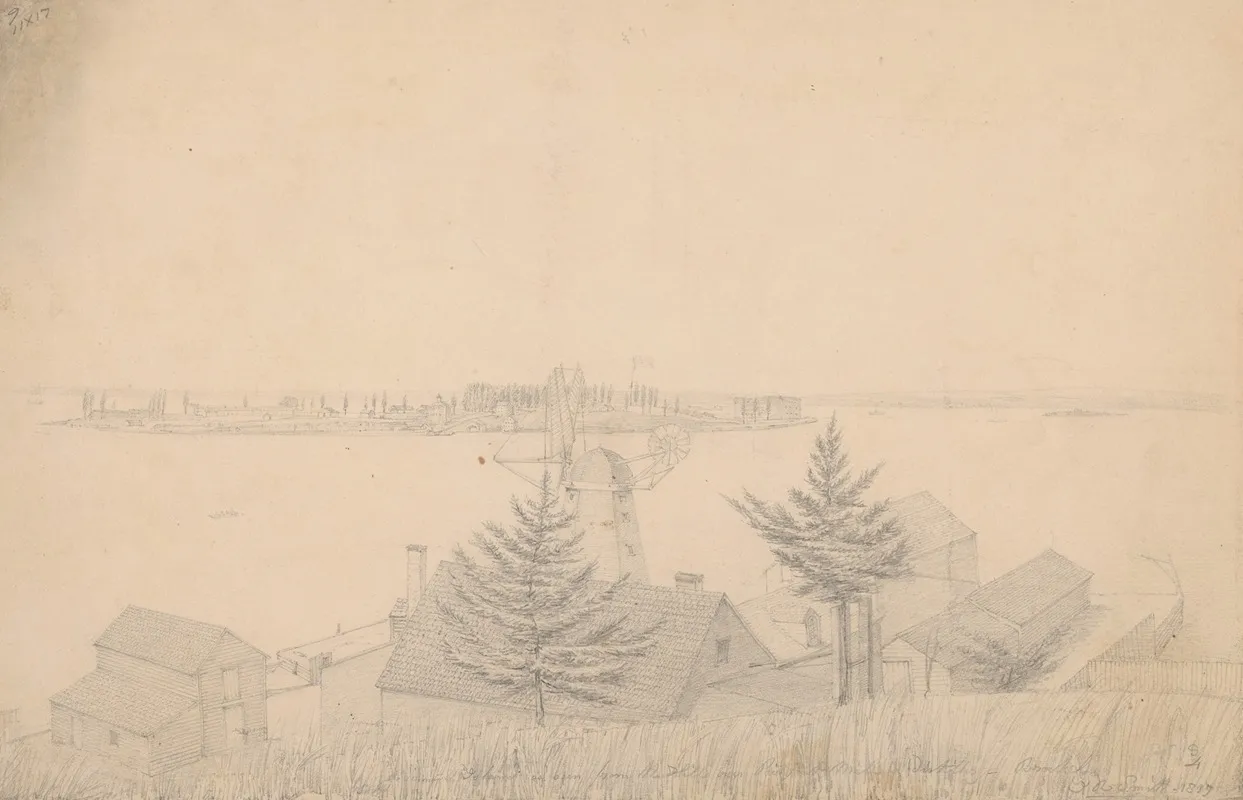 Governors Island As Seen From The Hills Over Pierponts I E Hezekiah B Pierrepont Mill And Distillery Brooklyn