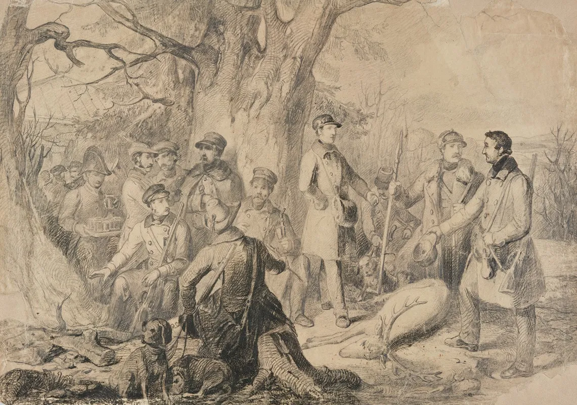 Grand Ducal Hunting Party With Shot Deer Preparatory Sketch