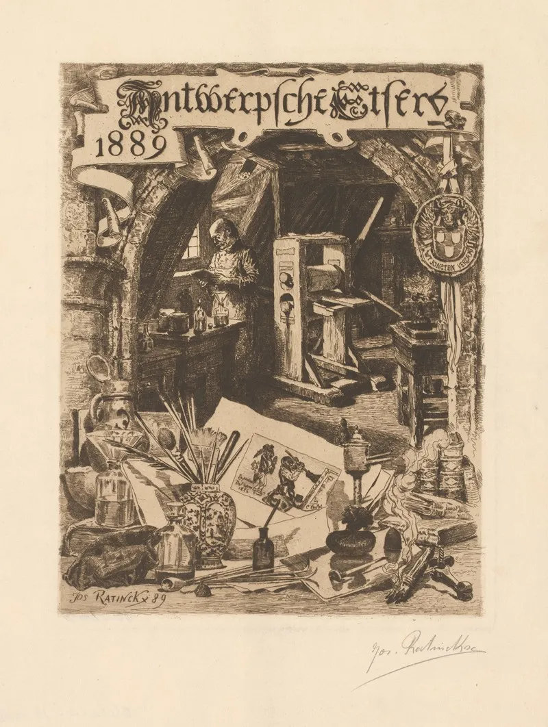 Graphic Artist In His Workshop With Various Graphic Attributes In The Foreground by Jos Ratinckx - Canvas Print