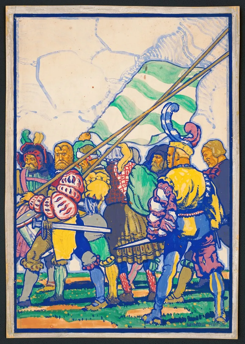 Graphic Designs For Scribners Magazine Cover Medieval Festival Theme Colored Drawing Of Men With Medieval Clothing And Weapons