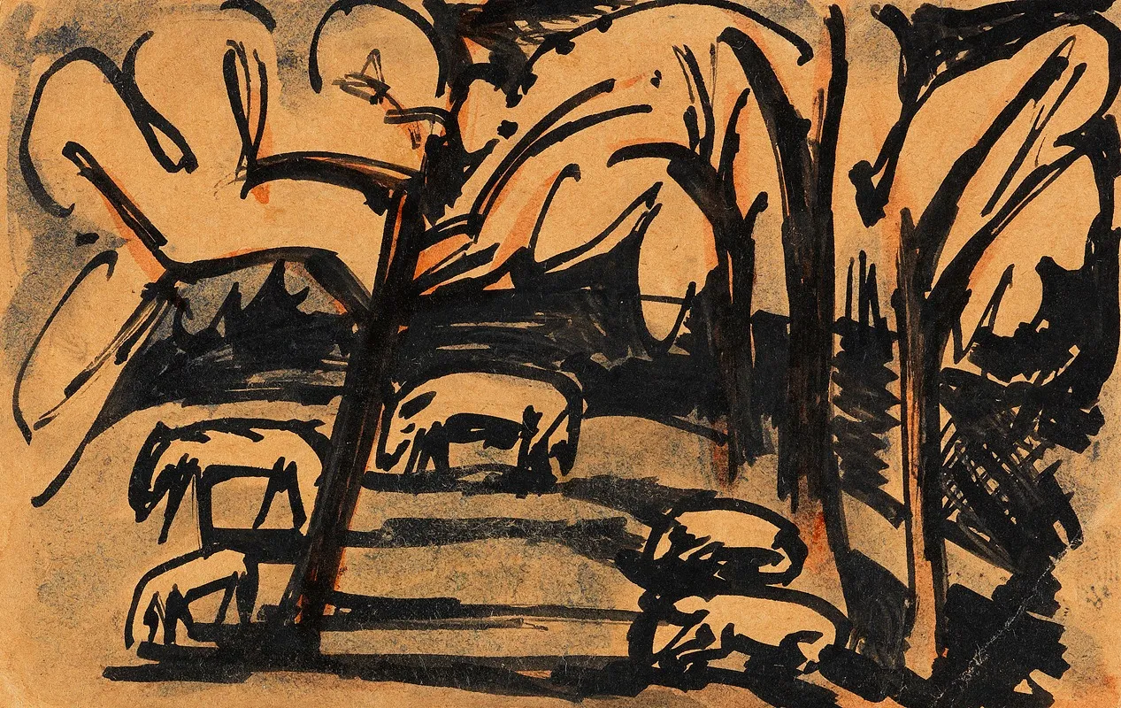 Grazing Animals Under Trees