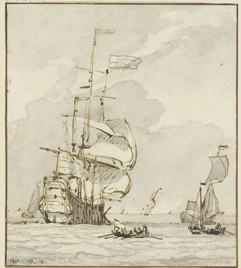 Groses Schiff Von Links Nach Hinten Segelnd Vorne Ein Ruderboot Und Mehrere Andere Schiffe
