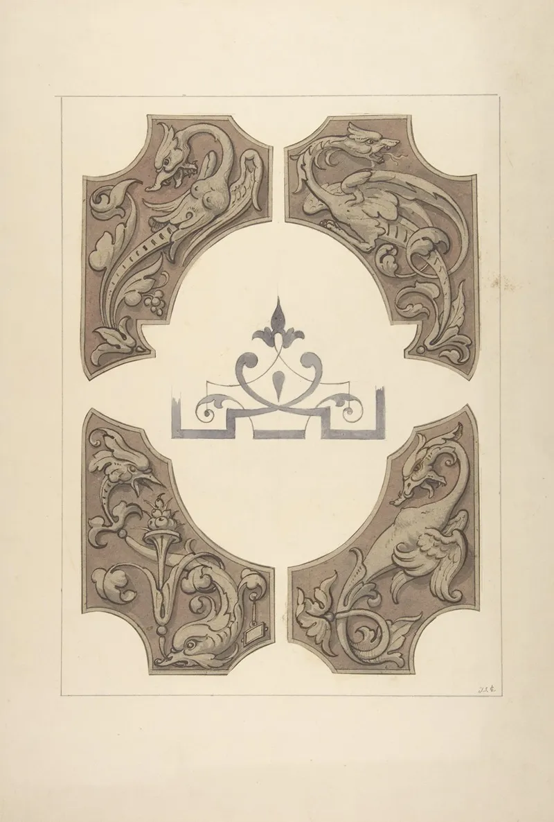 Grotesque Designs Featuring Griffin Birds And Dolphins