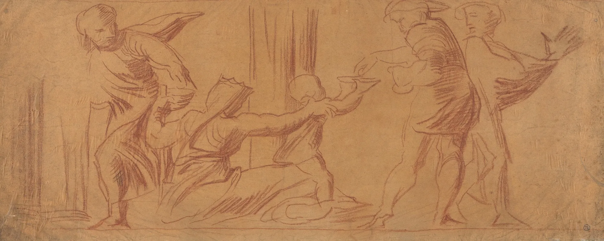 Group Of Figures Child Begging In Center