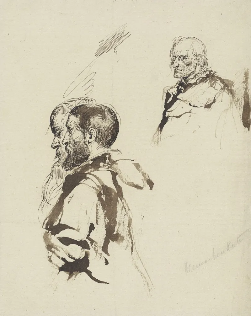 Group Of Two Figures And An Old Mans Head
