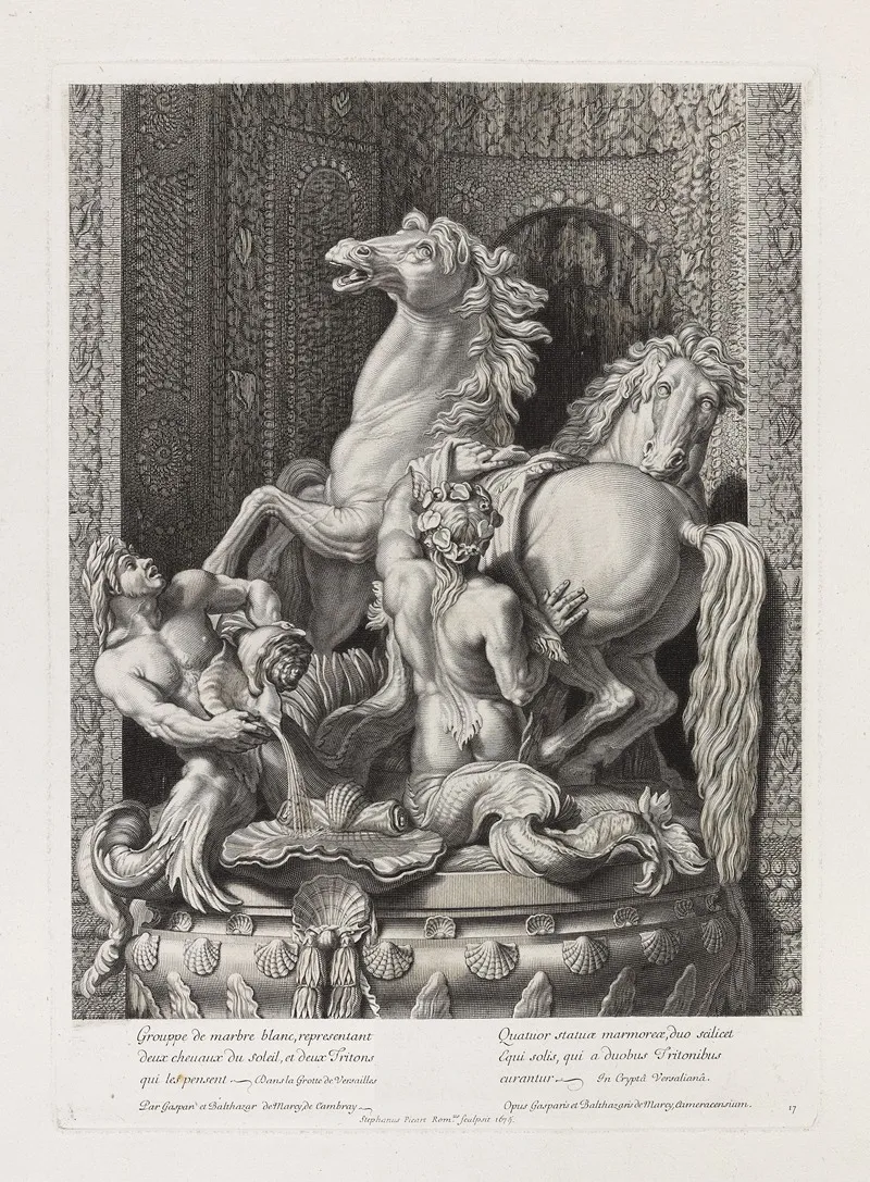 Grouppe De Marbre Blanc Representant Deux Chevaux Du Soleil Et Deux Tritons Qui Les Pensent Dans La Grotte De Versailles by Etienne Picart - Canvas Print