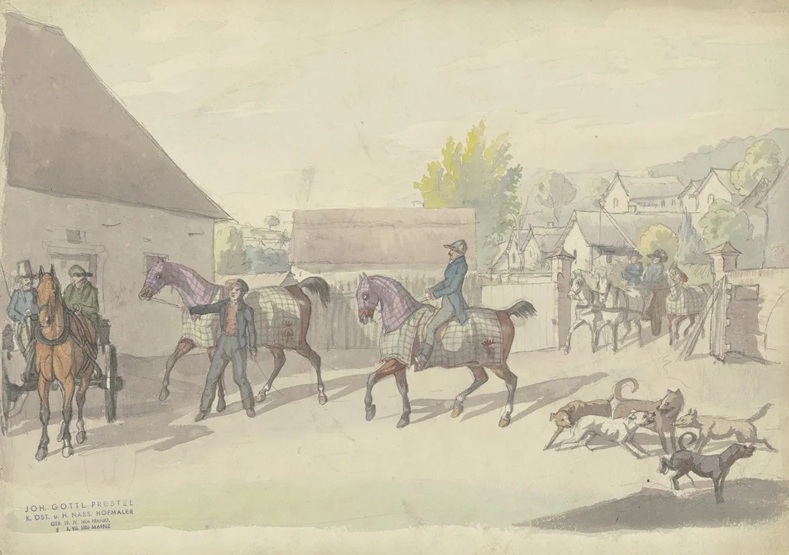 Gutshof Mit Reitpferden Und Fahrzeugen by Johann Erdmann Gottlieb Prestel - Canvas Print
