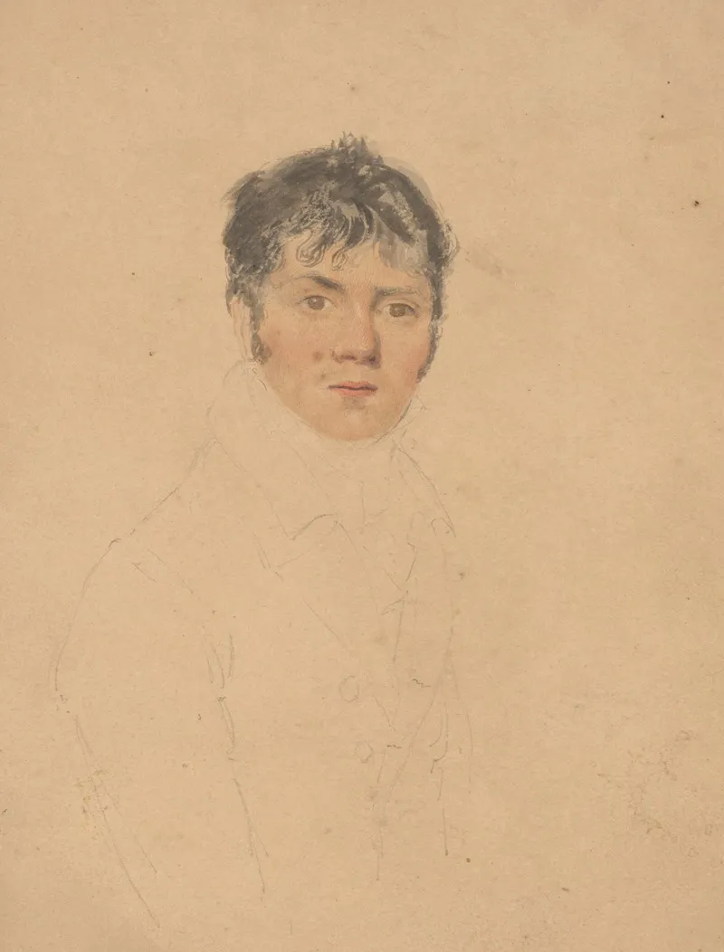Half Portrait Of A Gentlemen Body Outlined In Pencil Face In Watercolor