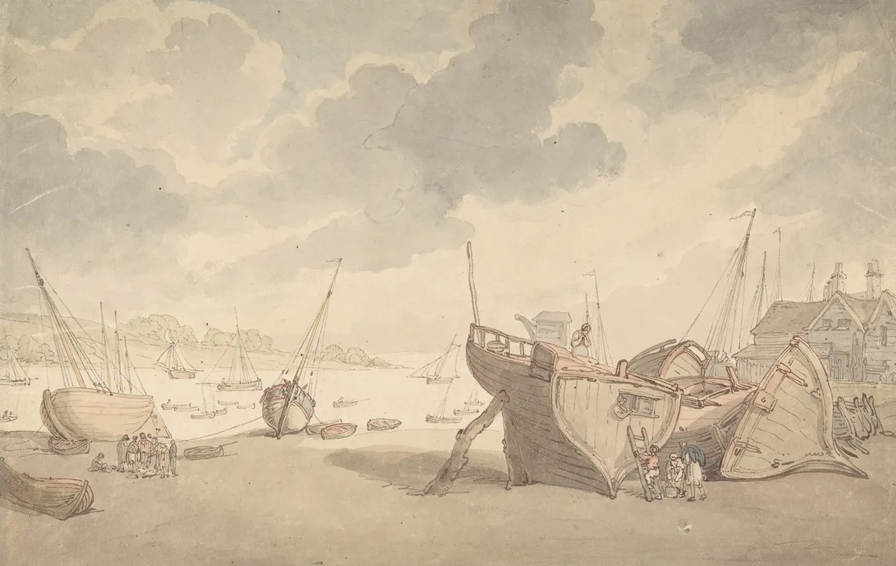 Harbor Scene With The Tide Out And Beached Boats