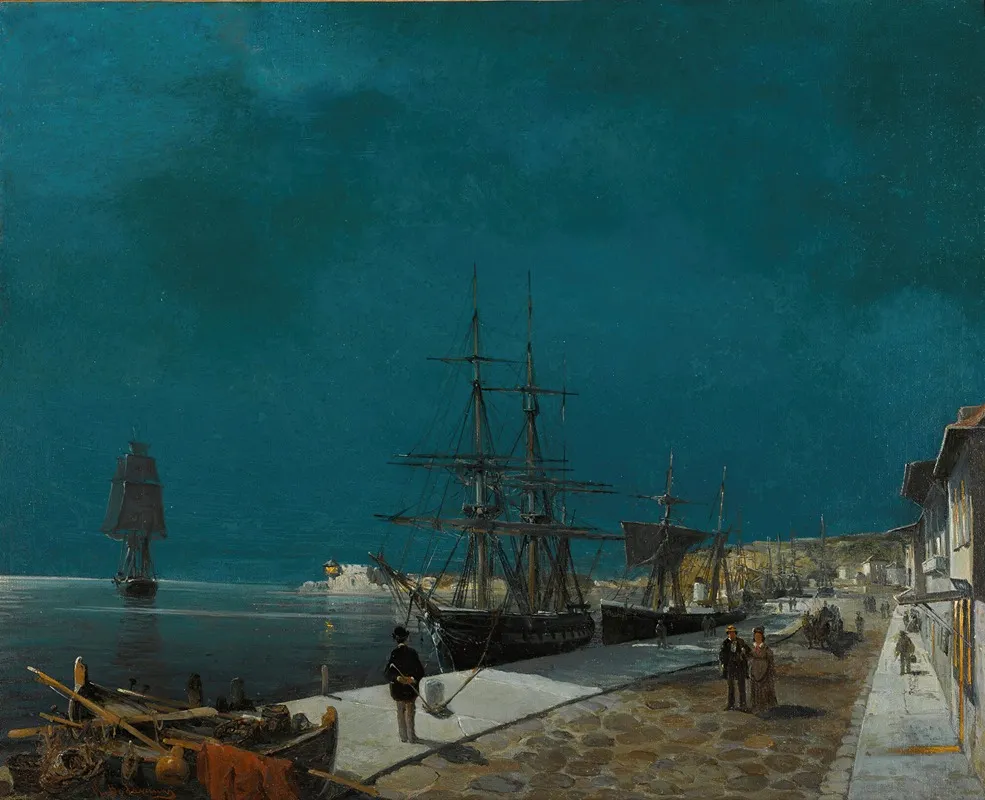 Harbour By Night by Konstantinos Volanakis - Canvas Print