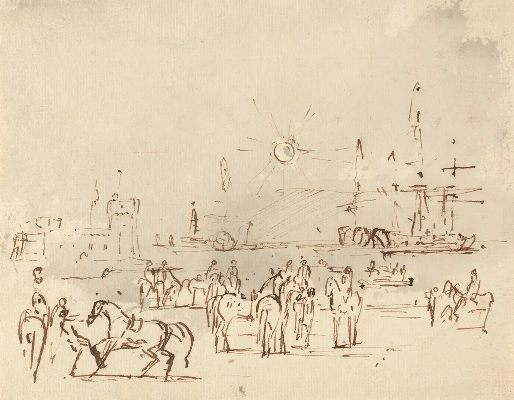 Harbour Scene With Castle On Left And Ships At Right