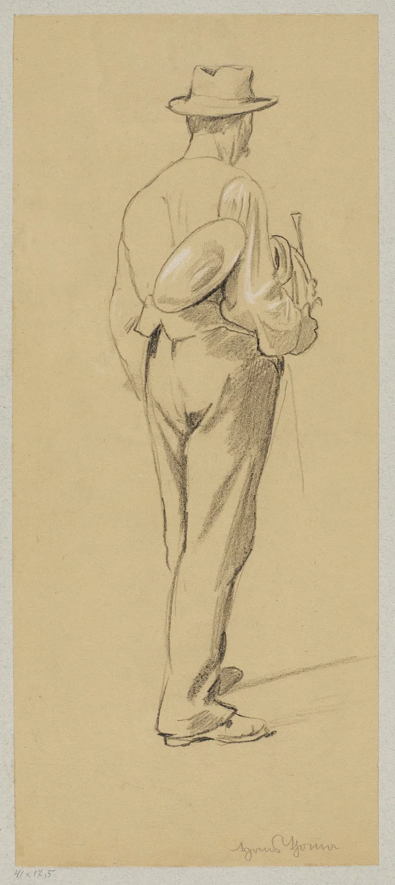 Hatted Man With A French Horn Shown From The Back