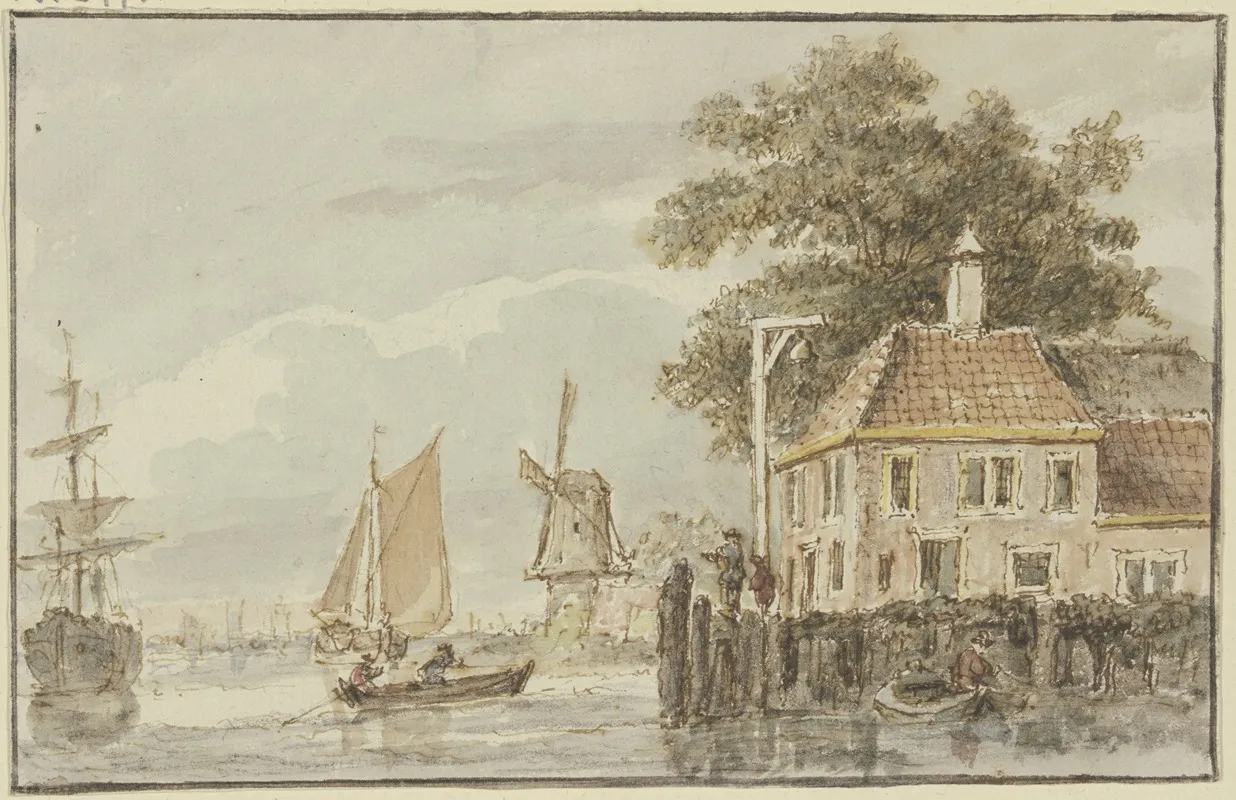 Haus Am Wasser Und Windmuhle Dabei Mehrere Schiffe by Hendrik Spilman - Canvas Print