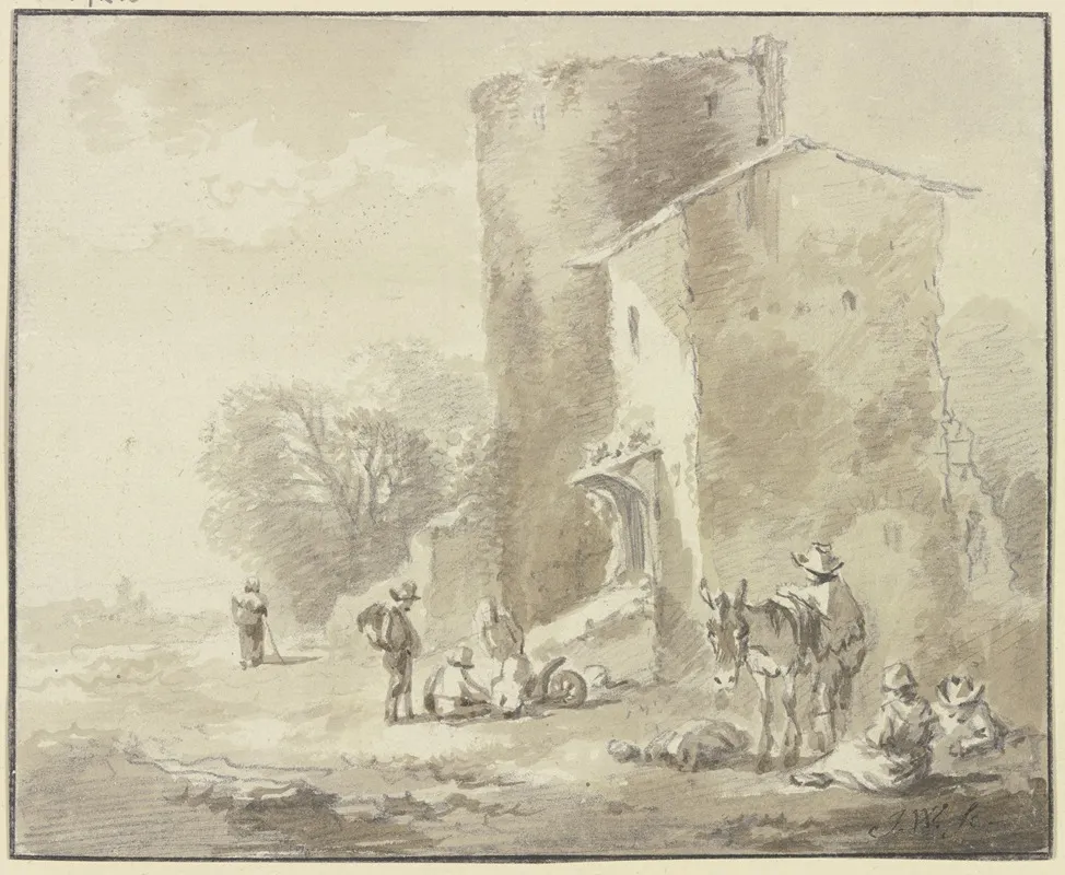 Haus An Einem Verfallenen Turm Und Gruppen Von Rastenden Figuren by Johann Georg Wagner - Canvas Print