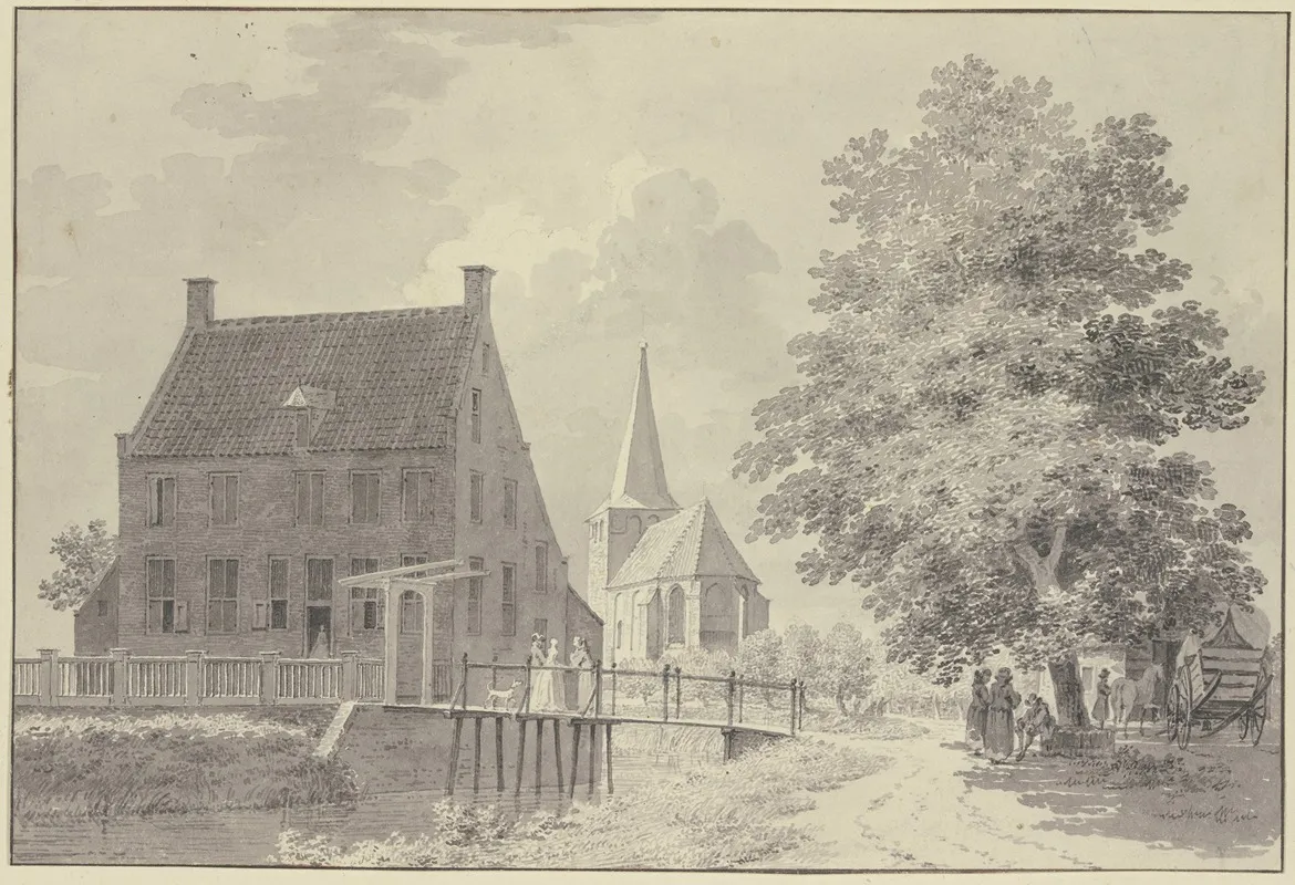 Haus Mit Wassergraben Und Steg Hinten Die Kirche Rechts Ein Baum Unter Welchem Ein Wagen Und Mehrere Figuren Stehen
