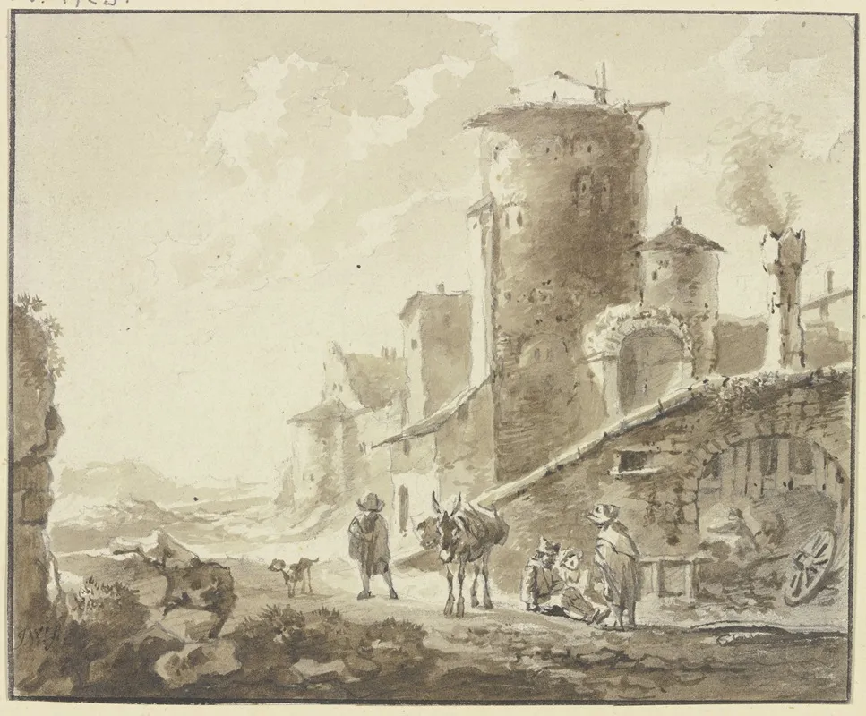 Hausergruppe Mit Rundem Turm Und Torbogen Davor Rastende Und Ein Maultier by Johann Georg Wagner - Canvas Print