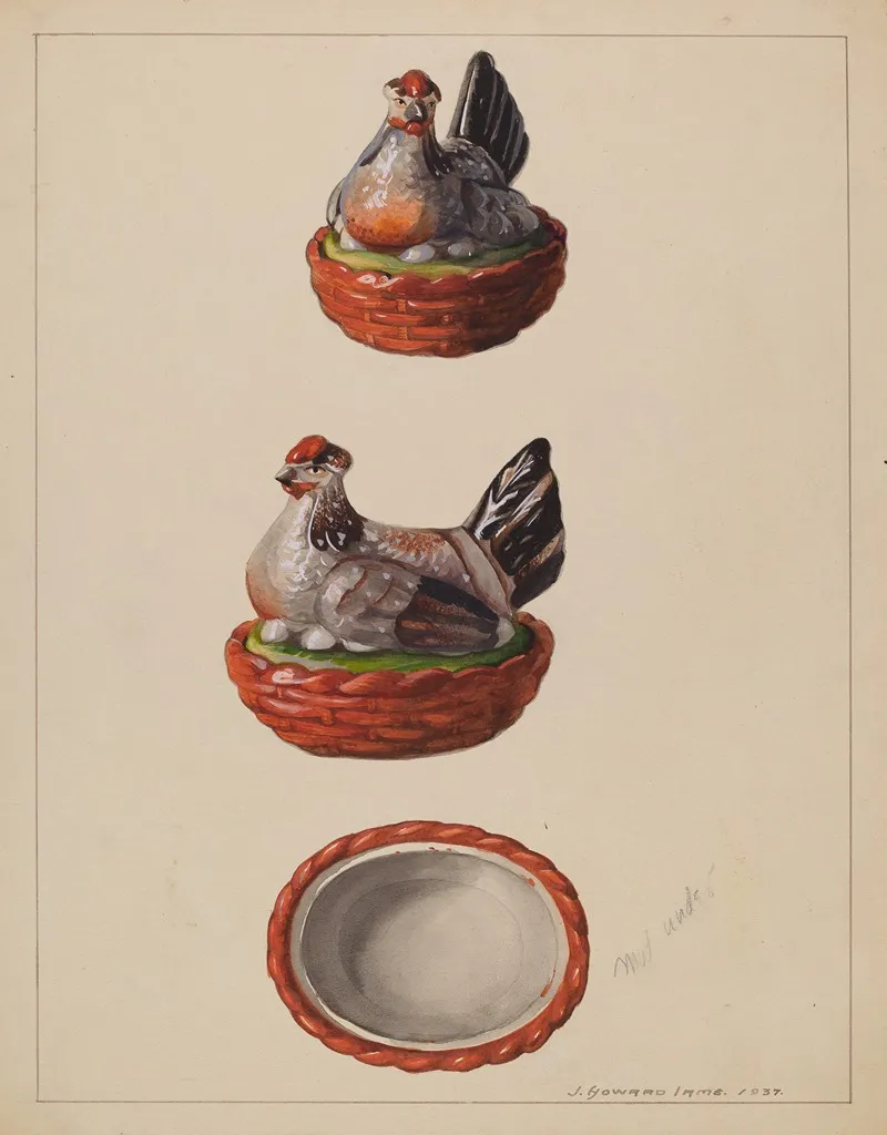 Hen On Basket by J. Howard Iams - Canvas Print
