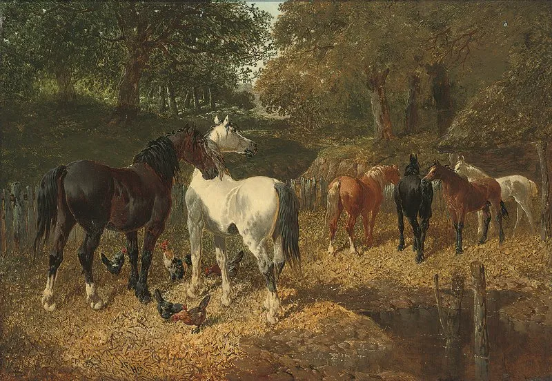 Hens And Horses By A Stream