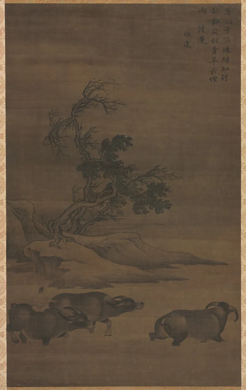 Herdboys And Buffalo In Landscape 2 by Guo Min - Canvas Print