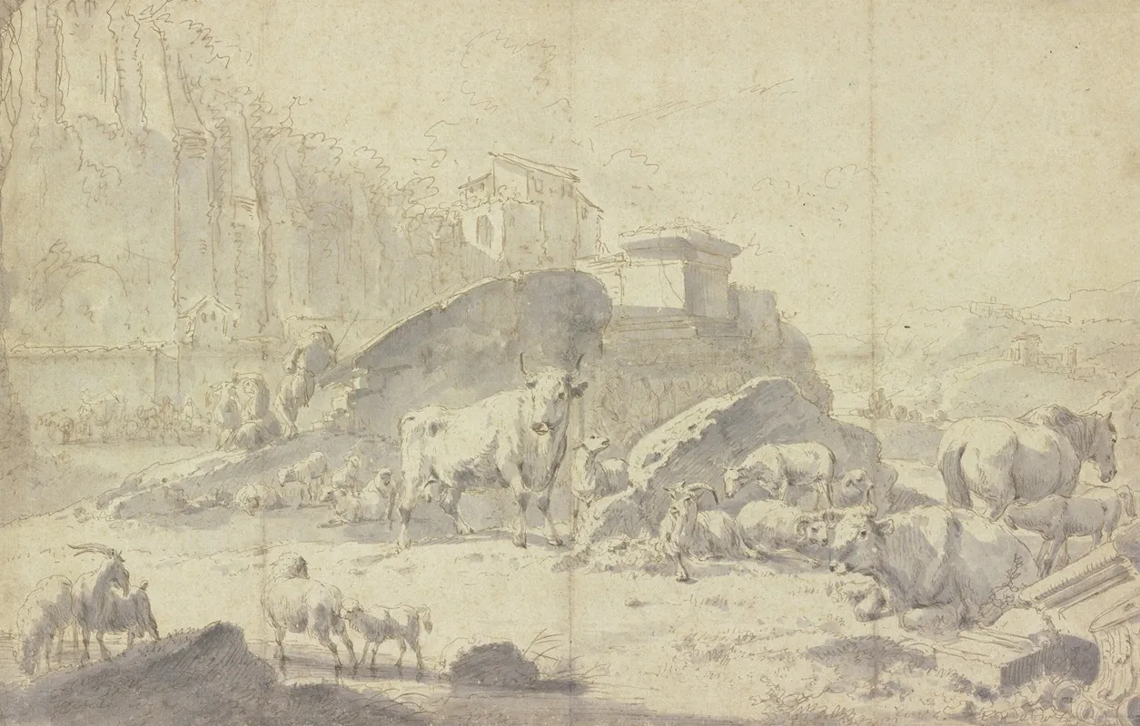 Herde Von Ziegen Schafen Kuhen Und Pferden In Einer Italienischen Berglandschaft Mit Ruinen