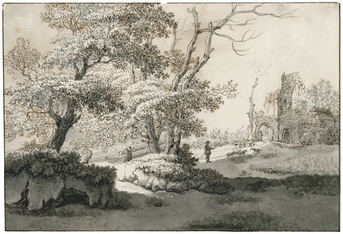 Herder Bij Ruine In Boomrijke Omgeving by Barend Hendrik Thier - Canvas Print