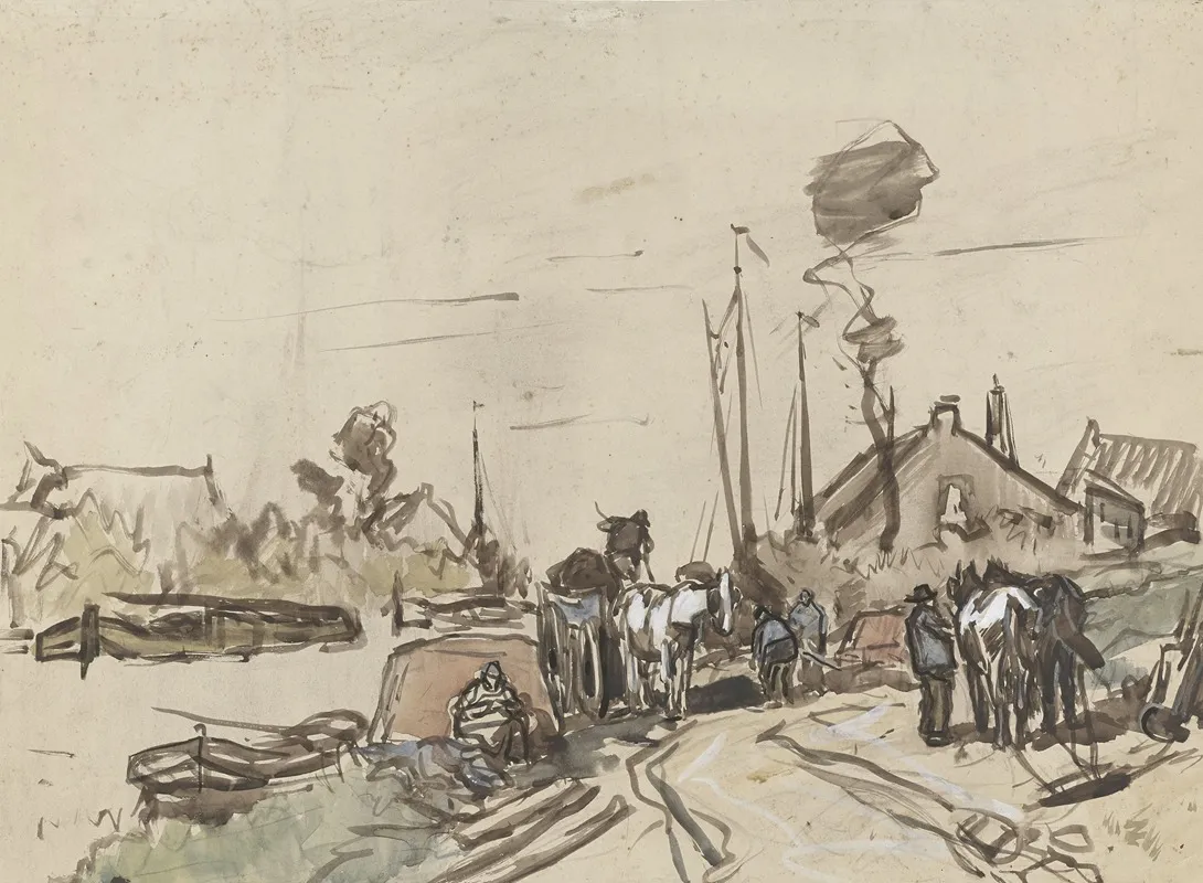 Het Lossen Van Karren Bij Een Vaart by Jan van Essen - Canvas Print