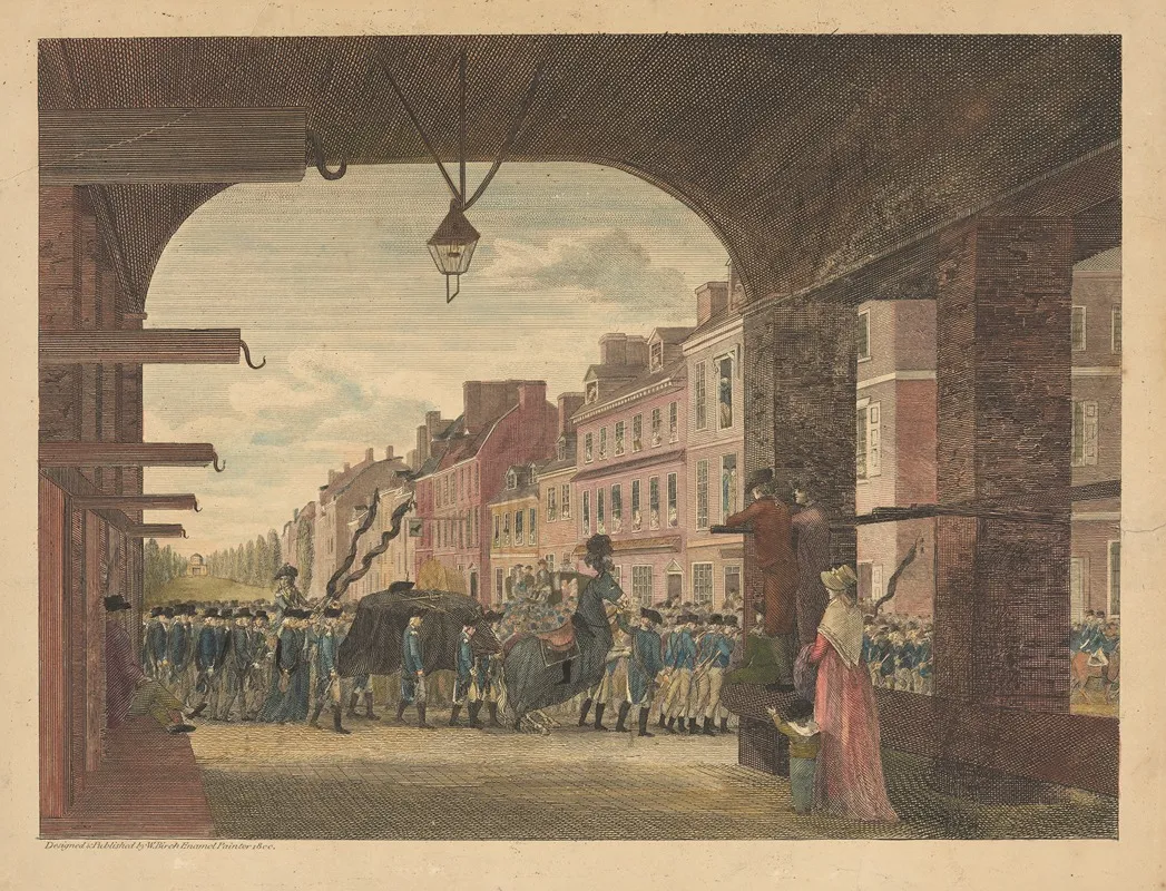 High Street From The Country Market Place Philadelphia With The Procession In Commemeration Of The Death Of General George Washington December 26th 1799 by William Russell Birch - Canvas Print
