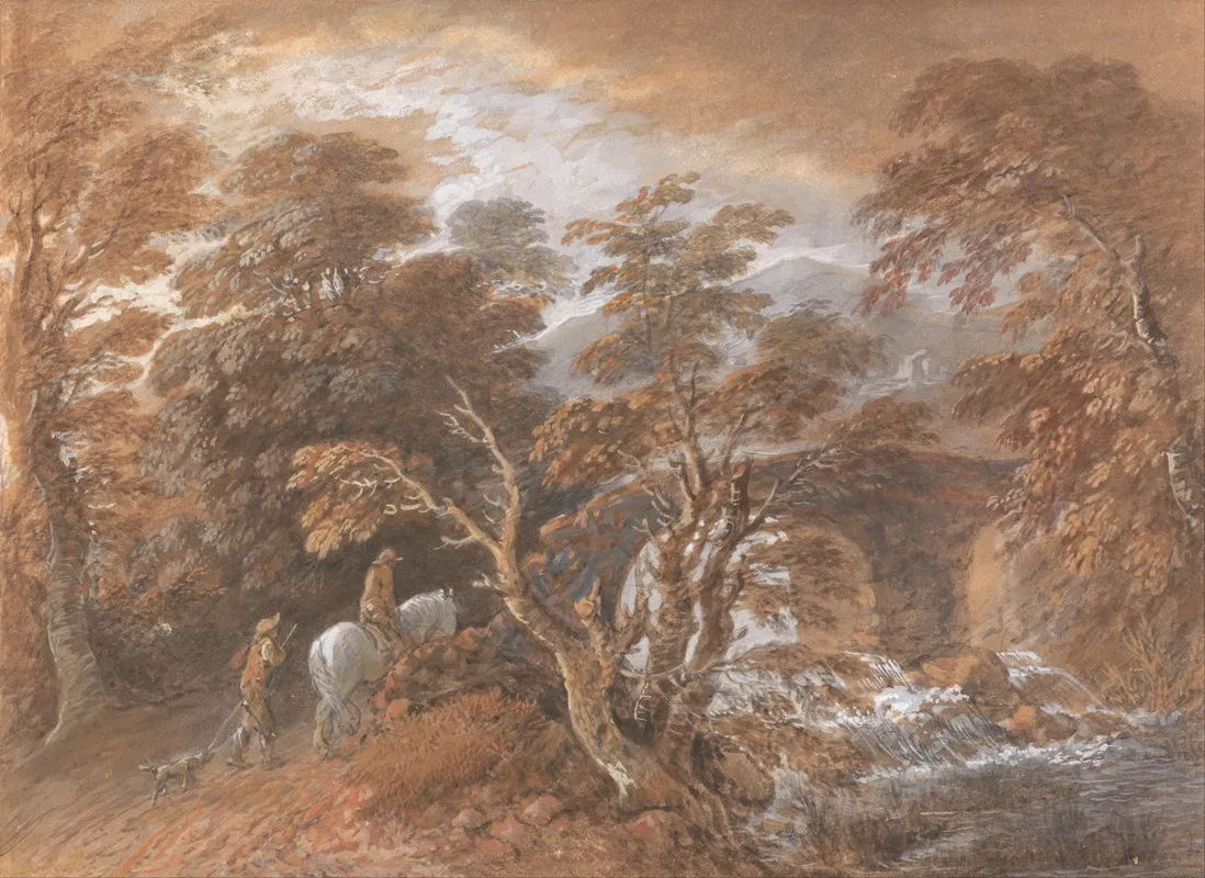 Hilly Landscape With Figures Approaching A Bridge