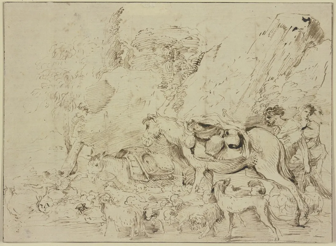 Hirten Mit Pferd Esel Und Schafherde In Einer Felsenlandschaft by Giovanni Benedetto Castiglione - Canvas Print
