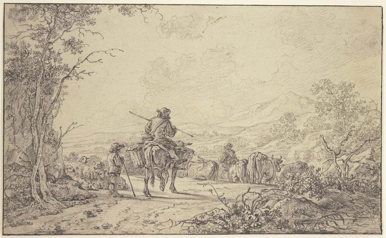 Hirten Mit Rinder Und Schafherde In Hugeliger Landschaft